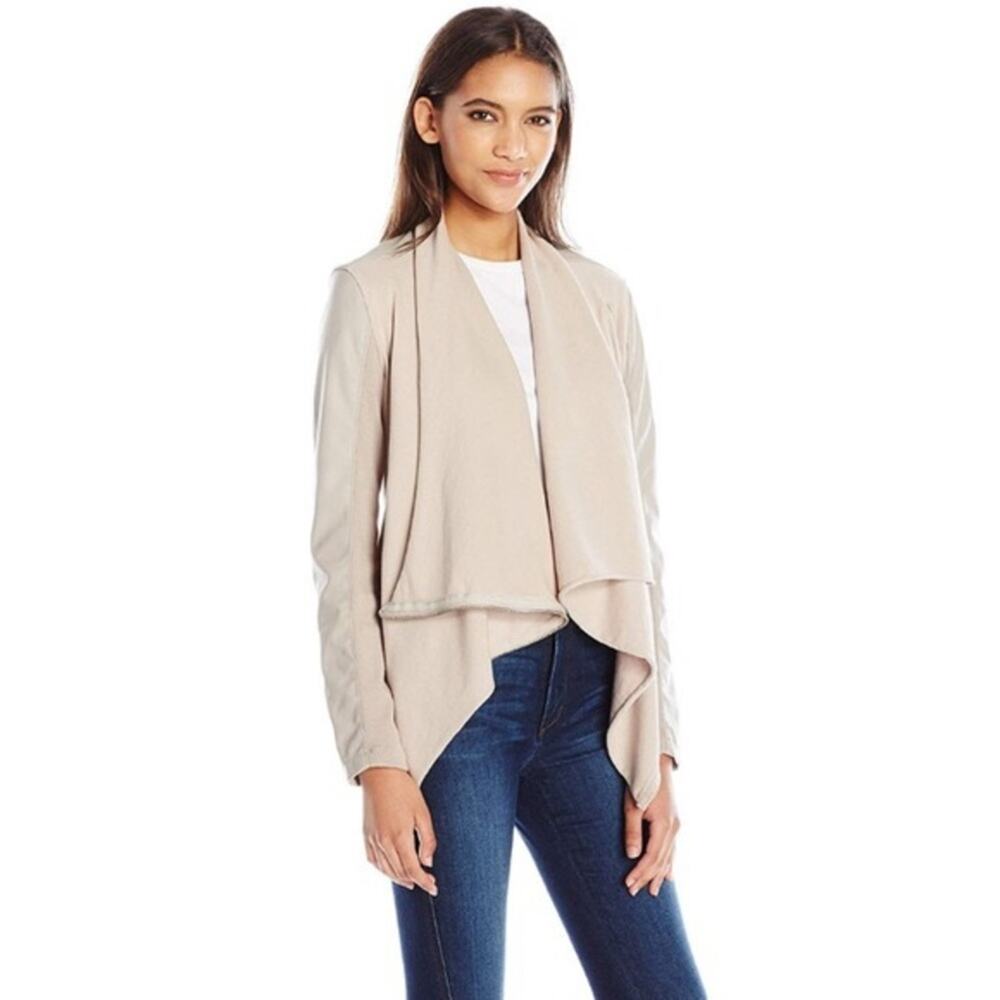 Blank NYC Taupe Draped Leather Ponte Jacket.